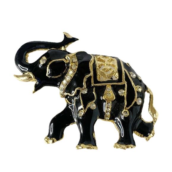 Vintage Elephant Brooch Pin Black Enamel Rhinestone Gold Tone Trunk Up - Picture 1 of 5